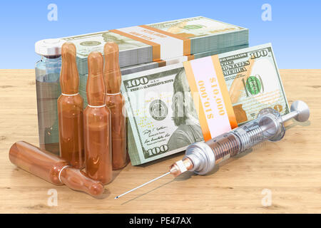 Cost of medications and vaccine concept. Drugs and dollar packs. 3D rendering Stock Photo