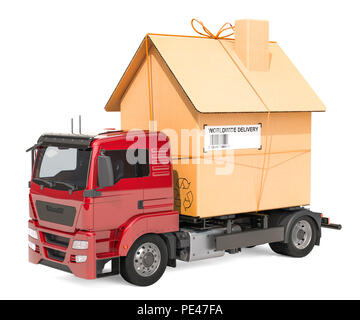 Truck with cardboard house. Household moving services concept. 3D rendering Stock Photo