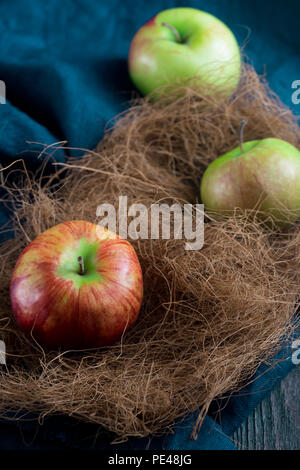 Green and red apples on rustic blanket and wooden desk. Toned photo. Stock Photo