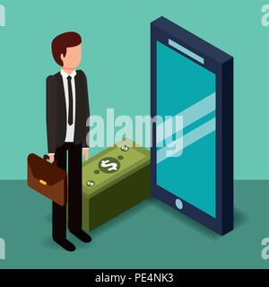 businessman holding briefcase smartphone and banknotes money isometric Stock Vector