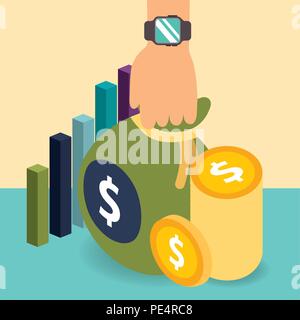 hand with money bag coins and chart diagram isometric Stock Vector