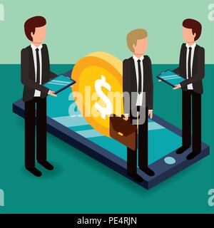 businessmen holding briefcase tablets and smartphone coin money isometric Stock Vector