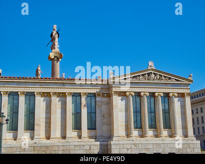 Lateral facade of The Academy of Athens. Greece National academy with the Athena and Apollo columns in the background. Athens. Attica region, Greece. Stock Photo