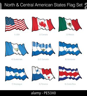 North and Central American States Waving Flag Set. The set includes the flags of USA, Canada, Mexico, Guatemala, El Salvador, Honduras, Nicaragua, Pan Stock Vector