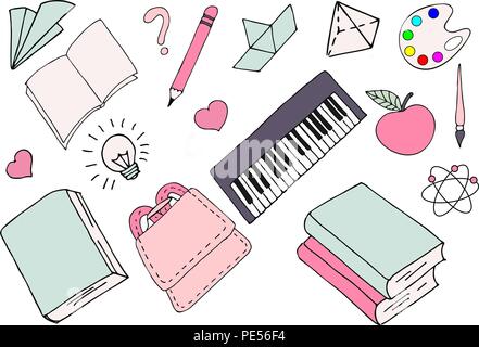 Raster Illustration of different school supplies. First day of school, Back to school Stock Photo