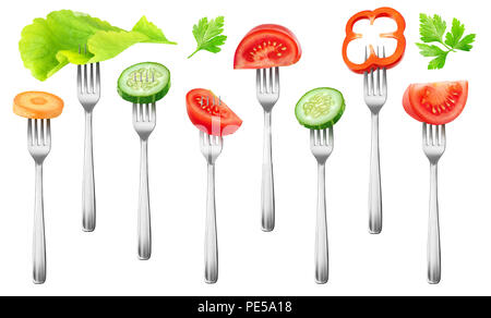 Isolated fresh salad vegetables. Pieces of tomato, cucumber, red bell pepper, carrot and lettuce on a fork isolated on white background with clipping  Stock Photo
