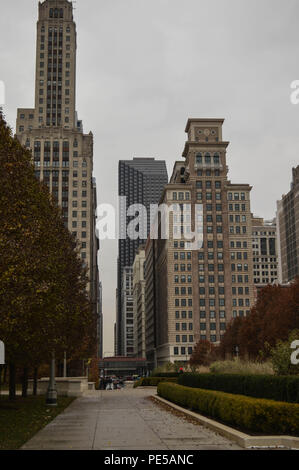 Vertical Photograph Winter Day Empty Urban Sidewalk Metropolis City Downtown Chicago Illinois American Skyline Skyscrapers Towers Buildings Exterior Stock Photo