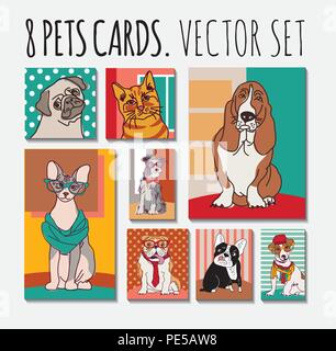 Cats and dogs cards animals pets set Stock Vector