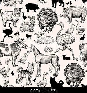 Farm Animals Seamless Pattern. Vintage engraving horse, cow and pork, chicken,duck and ostrich. Turkey,lamb and sheep, horse. Handdrawn Black Sketch Outline vector design for print Stock Vector