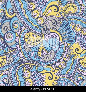 Flower Seamless Pattern or Floral Slavic Ornament, Ethnic Background or Polish Backdrop, Vintage or Old Eastern Motif. Handmade Fabric or Blue and Violet Decorative Wallpaper Stock Vector