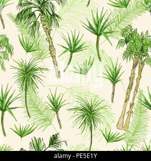 Palmtrees Seamless Pattern. Green coconut or queen palm trees with leaves. Beach and rainforest, desert coco flora. Foliage of subtropical fern. Green palmae or jungle arecaceae. Fashion Botany Stock Vector