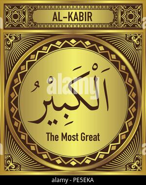 99 Beautiful Names of Allah English Translate below the Arabic calligraphy Stock Vector