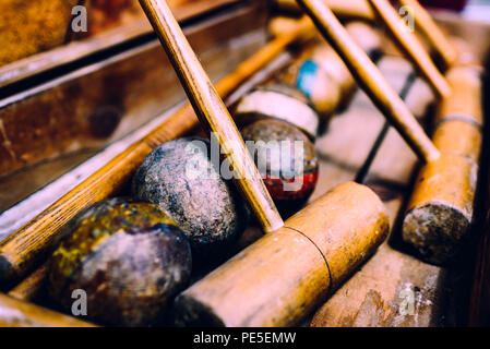 Vintage antique croquet set close up and personal. Stock Photo