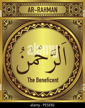 99 Beautiful Names of Allah English Translate below the Arabic calligraphy Stock Vector