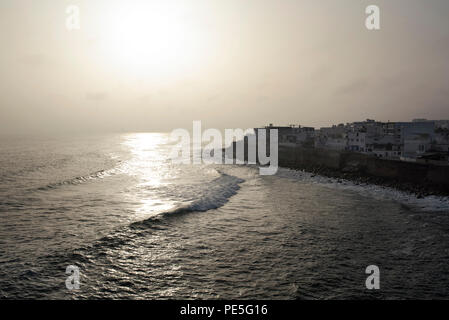 Scenic coastal views of Punta Hermosa beach town (captured from 'La Isla', a rocky island joined to the land) in Lima Province, Peru. Jul 2018 Stock Photo