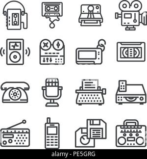 Vector Retro Technology Outline Icon Set. Cassette, Retro typing, Radio, Dial Phone and more. Stock Vector