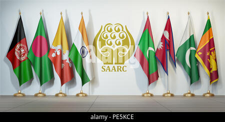 SAARC. Flags of memebers of South Asian Association for Regional Cooperation and symbol. 3d illustration Stock Photo