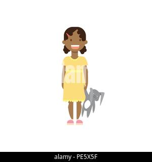 african girl with toy full length avatar on white background, successful family concept, flat cartoon Stock Vector