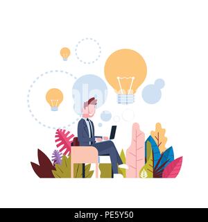 new idea concept over light lamp background businessman generate laptop office desk flat Stock Vector