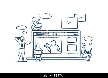 media player online training video webinar concept business people sitting on laptop videoblogs on white background sketch doodle Stock Vector