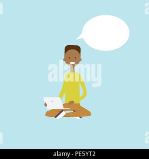 african man using laptop sitting chat bubble character full length over blue background flat Stock Vector