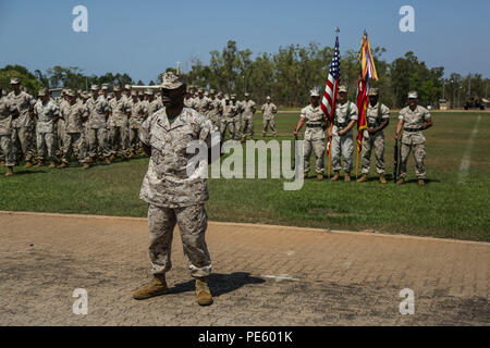 U.S. Marines stand at parade rest during the Jacksonville Jaguars