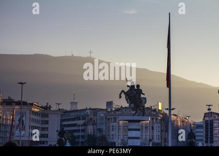 SKOPJE, MACEDONIA - OCTOBER 25, 2015: Alexander the Great statue on Skopje's main square. Inaugurated in 2012, it became one of the landmarks of the c Stock Photo