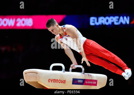 Glasgow, UK. 12th Aug 2018. WHITLOCK Max (GBR) competes on the Pommel Horse in Men's Artistic Gymnastics Apparatus Finals during the European Championships Glasgow 2018 at The SSE Hydro on Sunday, 12  August 2018. GLASGOW SCOTLAND. Credit: Taka G Wu Credit: Taka Wu/Alamy Live News