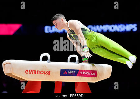 Glasgow, UK. 12th Aug 2018. MCCLENAGHAN Rhys (IRL) competes on the Pommel Horse in Men's Artistic Gymnastics Apparatus Finals during the European Championships Glasgow 2018 at The SSE Hydro on Sunday, 12  August 2018. GLASGOW SCOTLAND. Credit: Taka G Wu Credit: Taka Wu/Alamy Live News