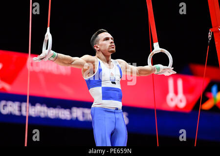 Glasgow, UK. 12th Aug 2018. DIMITROV Dimitar (BUL) celebrates after completion of the Still Rings in Men's Artistic Gymnastics Apparatus Finals during the European Championships Glasgow 2018 at The SSE Hydro on Sunday, 12  August 2018. GLASGOW SCOTLAND. Credit: Taka G Wu Credit: Taka Wu/Alamy Live News