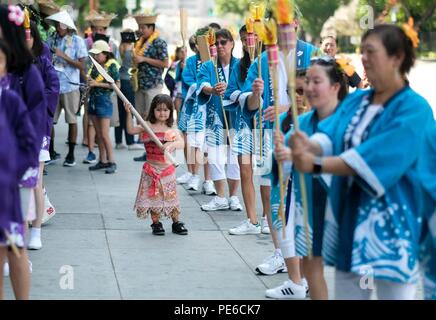 Los Angeles, USA. 12th Aug, 2018. Dancers perform during the Los Angeles Tanabata Festival in Los Angeles, the United States, Aug. 12, 2018. The festival featured traditional Japanese food, arts, games and live entertainment. Credit: Zhao Hanrong/Xinhua/Alamy Live News Stock Photo