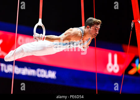 Glasgow, Scotland, UK. 12th August 2018. COLAK Ibrahim (TUR)  competes on the Still Rings in Men's Artistic Gymnastics Apparatus Finals during the European Championships Glasgow 2018 at The SSE Hydro on Sunday, 12  August 2018. GLASGOW SCOTLAND. Credit: Taka G Wu