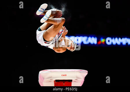 Glasgow, Scotland, UK. 12th August 2018. FRASCA Loris (FRA) competes on the Vault in Men's Artistic Gymnastics Apparatus Finals during the European Championships Glasgow 2018 at The SSE Hydro on Sunday, 12  August 2018. GLASGOW SCOTLAND. Credit: Taka G Wu Stock Photo