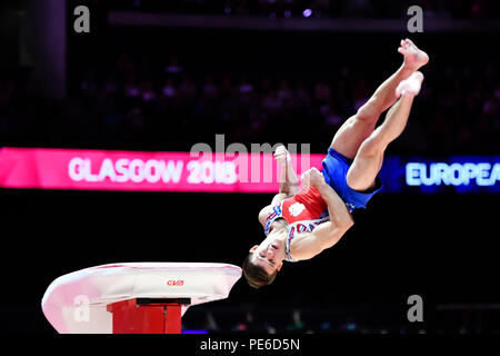 Glasgow, Scotland, UK. 12th August 2018. LANKIN Dmitrii (RUS) competes on the Vault in Men's Artistic Gymnastics Apparatus Finals during the European Championships Glasgow 2018 at The SSE Hydro on Sunday, 12  August 2018. GLASGOW SCOTLAND. Credit: Taka G Wu Stock Photo