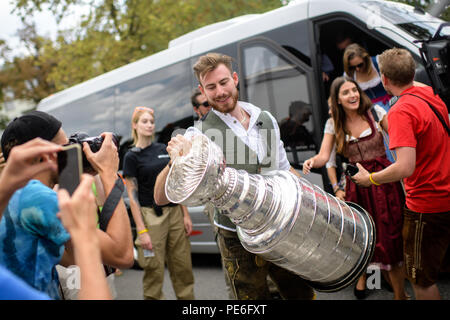 Rosenheim, Bavaria. 13th Aug, 2018. Philipp Grubauer, Stanley Cup winner with the Washington Capitals, will be welcomed by fans and media representatives with the ice hockey trophy at Emilo Stadium. Born in Rosenheim, he was the first German goalkeeper to win the North American League title. Credit: Matthias Balk/dpa/Alamy Live News Stock Photo