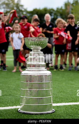 Rosenheim, Bavaria. 13th Aug, 2018. The ice hockey trophy Stanley Cup is in the Emilo stadium. Born in Rosenheim, Grubauer was the first German goalkeeper to win the North American League title and was received with a ceremony in the city. Credit: Matthias Balk/dpa/Alamy Live News Stock Photo