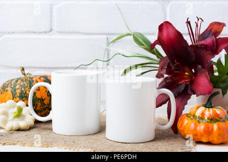 Autumn/Fall 2 mug mock-up. Two white blank coffee mugs to add custom design  or quote. Perfect for businesses selling mugs, just overlay your quote  Stock Photo - Alamy