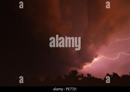 Thunder and Lightning strikes across the night sky, Kolkata, West Bengal, India Stock Photo