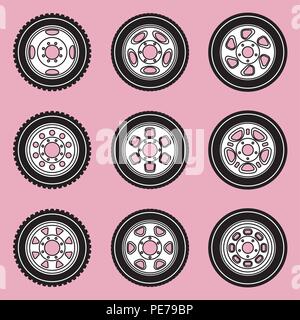 Lightweight truck wheel icon set on pink backgrounds. Flat vector Stock Vector