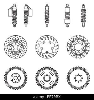 Various types of motorcycle parts. Suspension and brake. Vector thin line Stock Vector