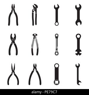 Hand tools icon set. Pliers and spanner. Silhouette vector Stock Vector