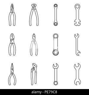 Hand tools icon set. Pliers and spanner. Vector thin line Stock Vector