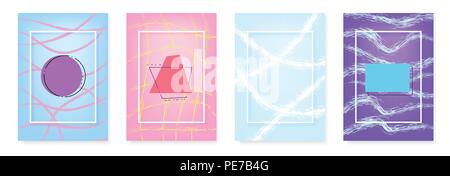 Set of vertical covers for graphic design. Backgrounds with geometric shapes, brush decoration and frames. Vector illustration. Stock Vector