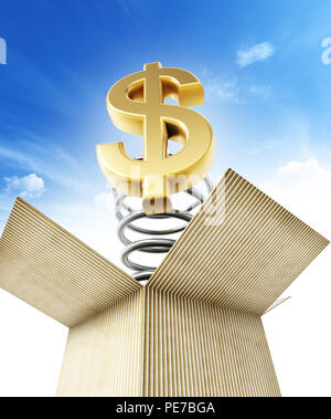Gold dollar symbol popping out of the cardboard box. 3D illustration. Stock Photo