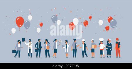 labor day people different occupations stand together communication celebration balloons concept gray background horizontal man woman cartoon characters Stock Vector