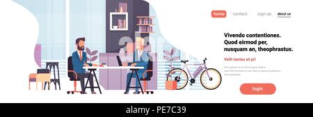 two business men sitting office desk modern coworking space working together interior background male cartoon character horizontal banner flat Stock Vector