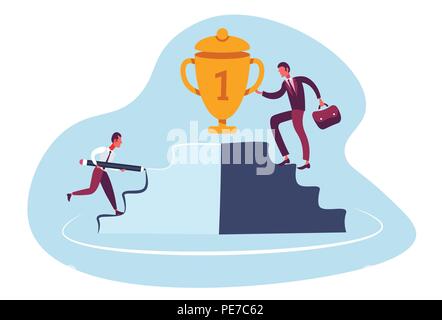 two businessmen competition climbing podium first place trophy cup business strategy winner concept flat Stock Vector