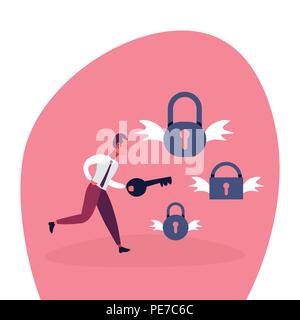 businessman holding key unlock padlock wings access concept man cartoon character flat Stock Vector