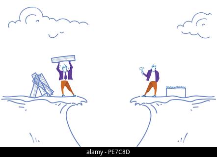two businessmen hammer clog the nails board building concept between mountain abyss business problem solution horizontal sketch doodle Stock Vector