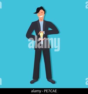 businessman holding electric light lamp in palms creative innovation concept male cartoon character full length flat blue background Stock Vector